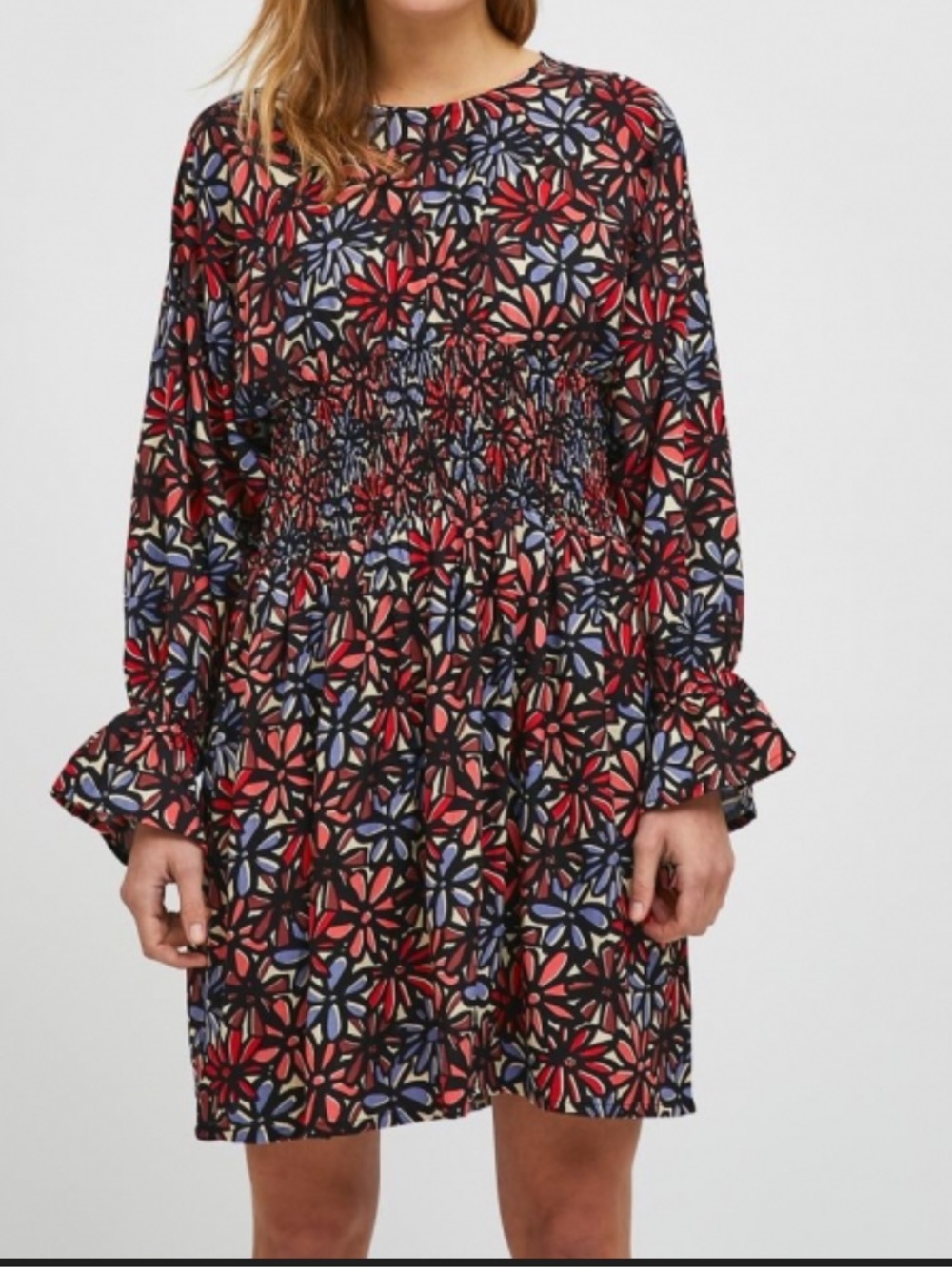 Compania Fantastica Floral Smocked Waist Long-Sleeve Mini Dress Multicolor S